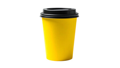 A bright yellow paper cup with a black lid against a stark black backdrop