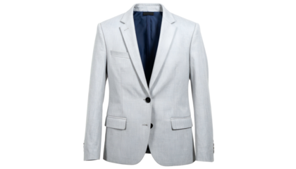 A light gray, tailored jacket with a navy blue interior, displayed isolated on a black backdrop