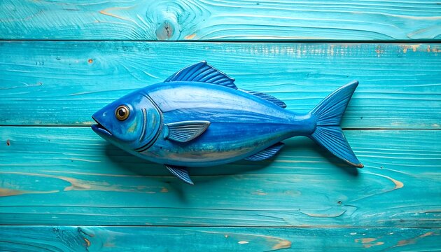 A vibrant blue wooden fish sculpture is displayed on a textured background of turquoise-colored wooden planks