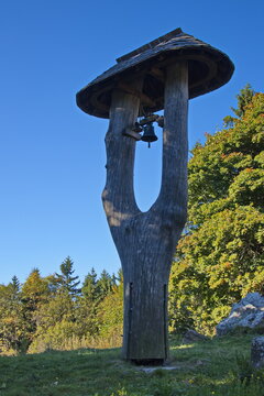 Wooden belfry on the summit of Klet, Bohemian Forest Foothills, South Bohemian Region, Czech Republic, Europe
