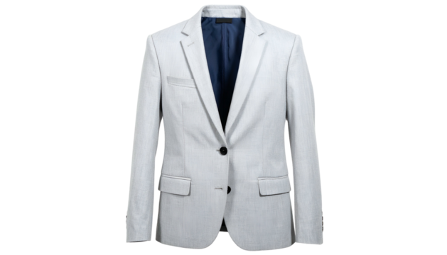 A light gray, tailored jacket with a navy blue interior, displayed isolated on a black backdrop