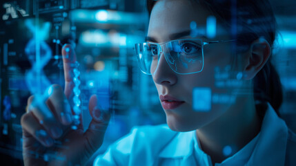 Close-up of a focused female scientist in protective glasses working on a futuristic glowing blue screen displaying a DNA helix. Ideal for biotech, genomics, AI, and healthcare innovation.