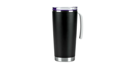 Black tall insulated tumbler with handle, metal accents, and a clear lid, set against black
