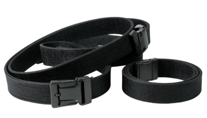 Black woven nylon belts with plastic buckles; one coiled, one long and straight