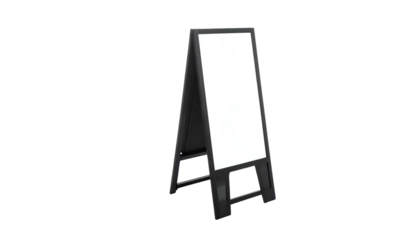 Angled, black, wooden-framed sandwich board with a blank white display panel; isolated