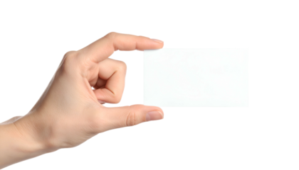 Human hand holding a white rectangular card against a black background. Close-up shot