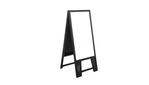Angled, black, wooden-framed sandwich board with a blank white display panel; isolated