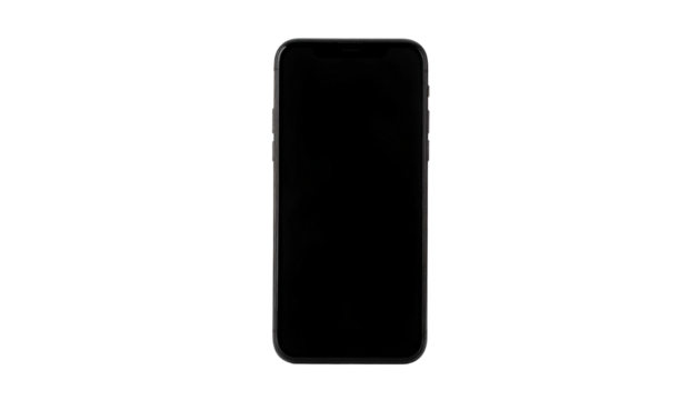 A sleek, black smartphone, front-facing, with a completely dark screen, is centered on black