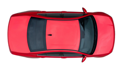 Overhead view of a sleek red sedan, with tinted windows and a black background