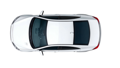 Overhead shot of a white sedan on a black background, showing roof, windows, & mirrors