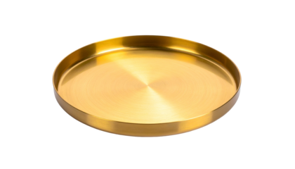 A round, shiny golden tray, isolated on a black background. It reflects light beautifully