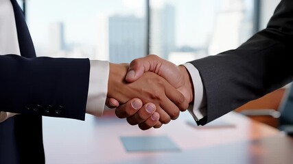 Business People Shaking Hands in Modern Office Overlooking Cityscape - Powered by Adobe