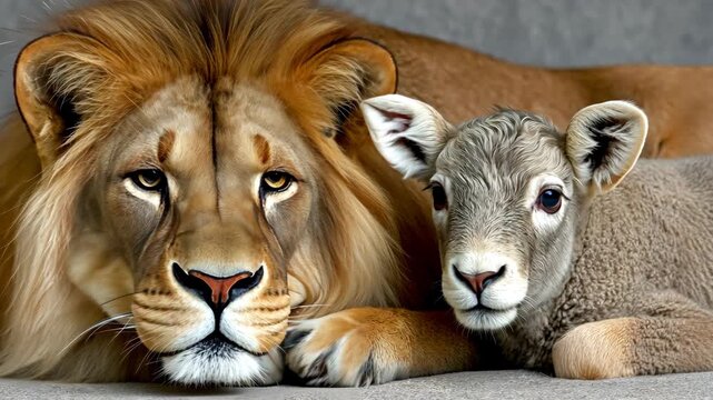 Two unlikely friends show the bond between a lion and a lamb in a cozy, heartwarming setting