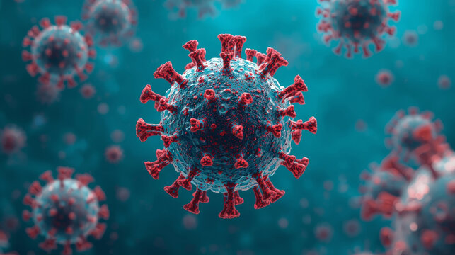 Realistic 3D render of a microscopic virus particle under a digital microscope. Concept of pandemic, infection, healthcare, and biotechnology.