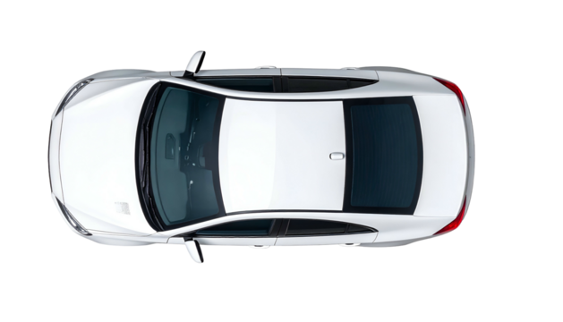 Overhead shot of a white sedan on a black background, showing roof, windows, & mirrors
