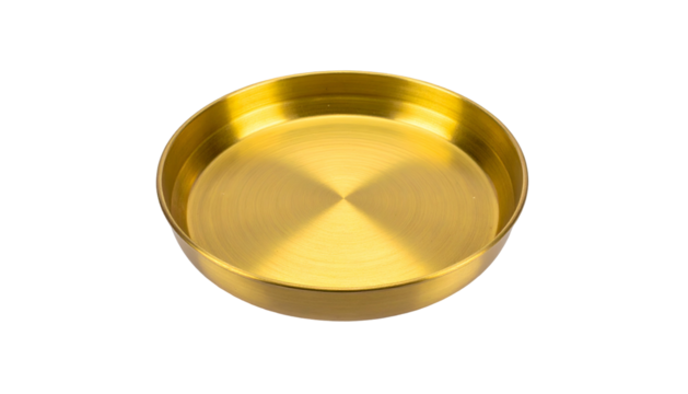 Gleaming gold-colored shallow bowl, circular shape, smooth surface, isolated on black background