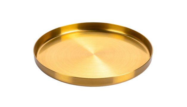 A round, shiny golden tray, isolated on a black background. It reflects light beautifully