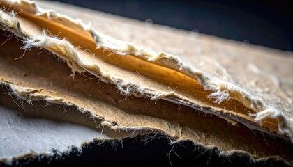 A detailed macro view of torn, fibrous layers revealing a textured core