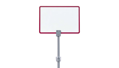 Close-up of a blank white rectangle framed by a dark red border, atop a metal pole on black