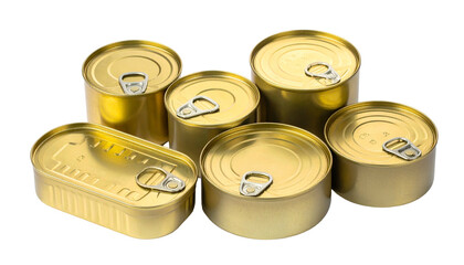 Group of gold-colored, metallic food cans with various shapes and pull-tabs