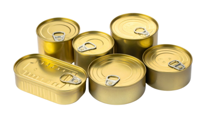 Group of gold-colored, metallic food cans with various shapes and pull-tabs