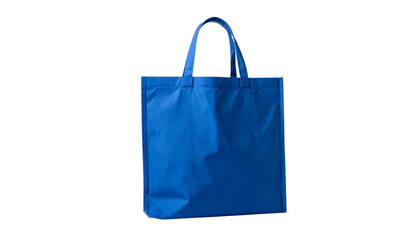 A bright blue tote bag with handles, against a stark black background