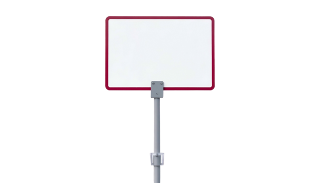 Close-up of a blank white rectangle framed by a dark red border, atop a metal pole on black