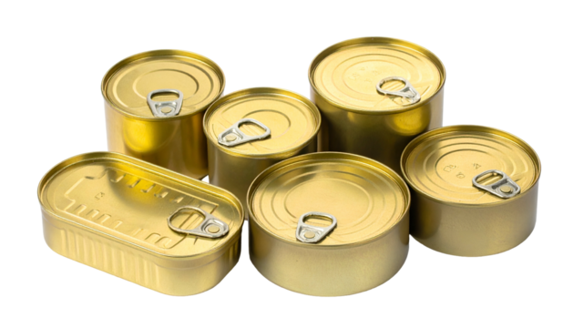 Group of gold-colored, metallic food cans with various shapes and pull-tabs