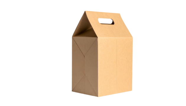 A brown paper box with a handle, set against a black background, angled slightly