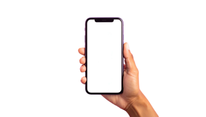 Hand holding a smartphone with a bright white screen against a solid black backdrop