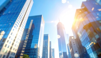 Obraz premium Futuristic Cityscape With Modern Skyscrapers Under Bright Sunlight With Lens Flare And Blue Sky