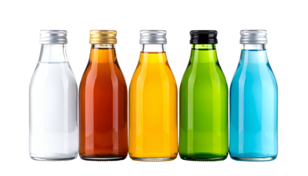 Five small glass bottles of various colorful liquids with silver/gold/black caps, arranged in a row