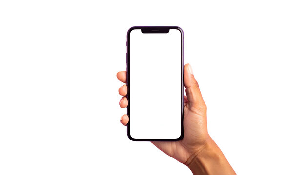Hand holding a smartphone with a bright white screen against a solid black backdrop