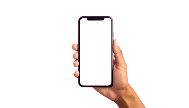 Hand holding a smartphone with a bright white screen against a solid black backdrop
