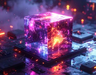 Futuristic digital cube with glowing interior sits on a circuit board