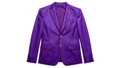 A vibrant purple men's blazer, flatly lit, with contrasting stitching and two front pockets