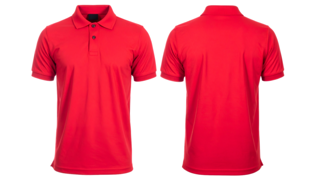 Red polo shirt displayed in front and back views, isolated with a dark background