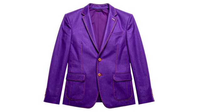 A vibrant purple men's blazer, flatly lit, with contrasting stitching and two front pockets