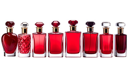 Seven red perfume bottles with varying shapes and ornate stoppers, arranged linearly against black
