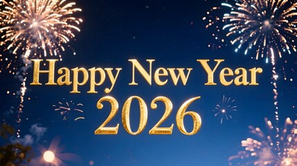 Classic Happy New Year 2026 with golden serif font deep blue night sky glowing fireworks cinematic 16_9 shot