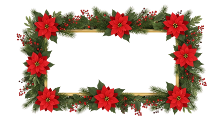 Festive christmas poinsettia and evergreen wreath border with golden accents isolated on white background
