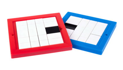 Two square sliding puzzle boards, one red and one blue, featuring rectangular and square tiles