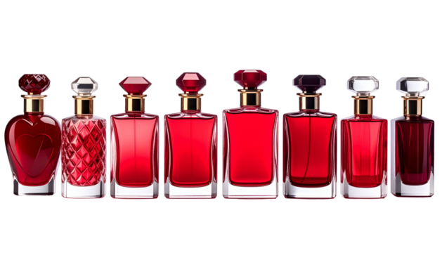 Seven red perfume bottles with varying shapes and ornate stoppers, arranged linearly against black