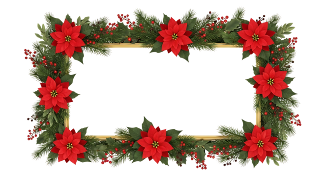 Festive christmas poinsettia and evergreen wreath border with golden accents isolated on white background