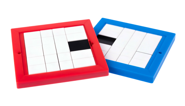Two square sliding puzzle boards, one red and one blue, featuring rectangular and square tiles