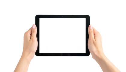 Close-up view of hands holding a tablet with a blank, white screen against a black background