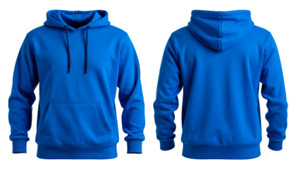 Front & back view of a vibrant blue hooded sweatshirt