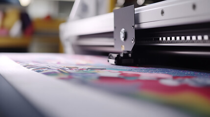 A large format printer prints a colorful design on vinyl. The printer is in focus with the colorful design blurred in the background. The image is a close-up view.