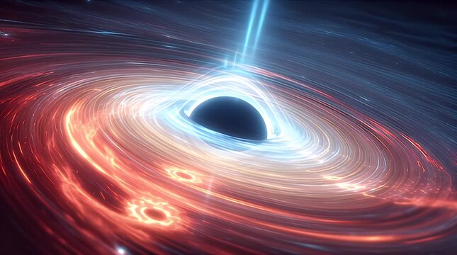 Dynamic swirling cosmic anomaly with a glowing accretion disk and bright blue light jets