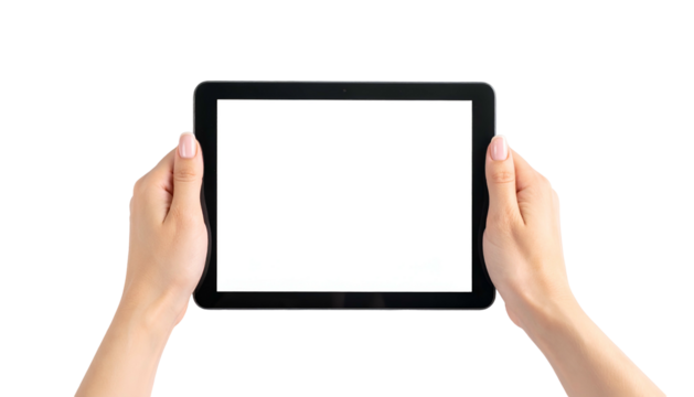 Close-up view of hands holding a tablet with a blank, white screen against a black background